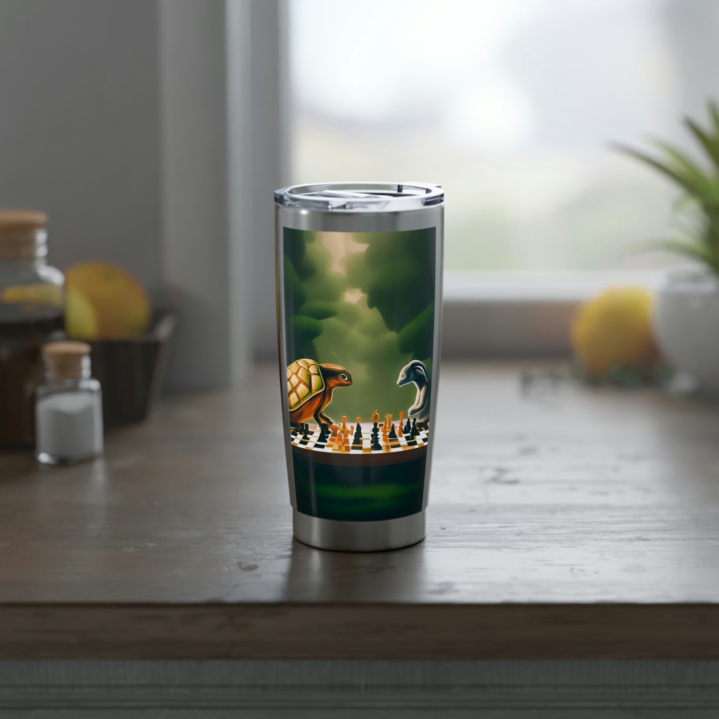 "Tortoise and Hare Playing Chess" Vagabond 20oz Tumbler